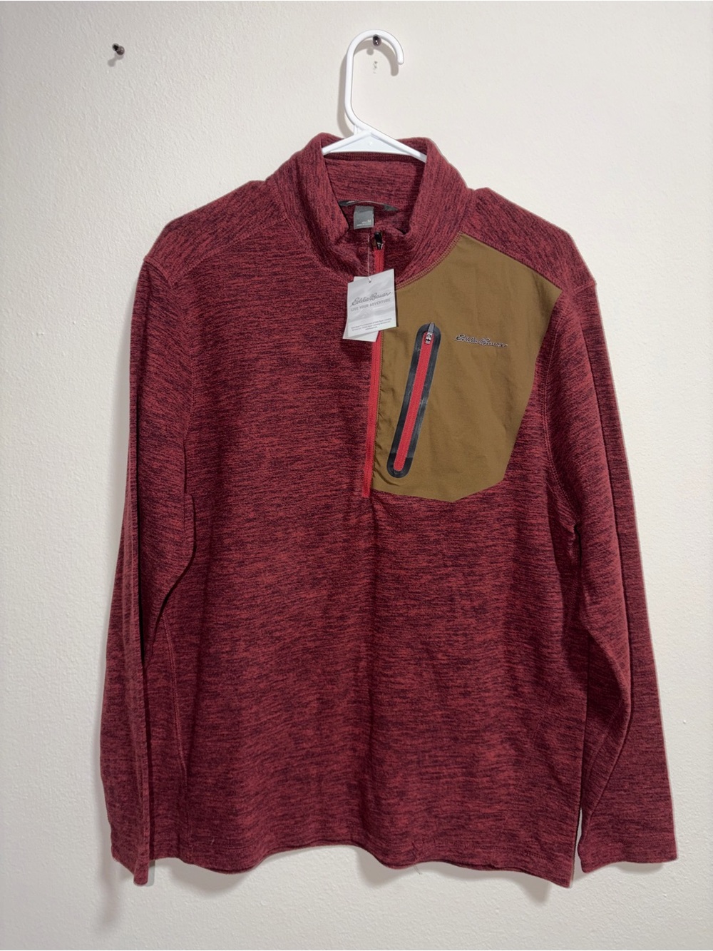 Eddie Bauer Men’s Burgundy Zip-Up Sweater with Tan Chest Pocket